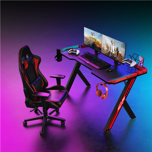 Black R-Shaped 55 inch Remote Control RGB LED Light Gaming Desk With red Armor