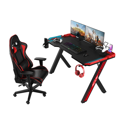 Black R-Shaped 55 inch Touch Control Running Board Light Gaming Desk With red Armor