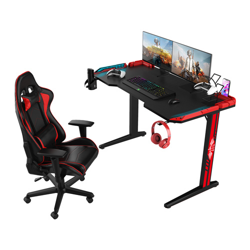 Black T-Shaped 39 inch Remote Control RGB LED Light Gaming Desk With red Armor