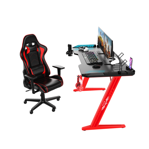 Schwarzer Z-förmiger 31,5-Zoll-Fernbedienungs-RGB-LED-Licht-Gaming-Schreibtisch mit roter Rüstung