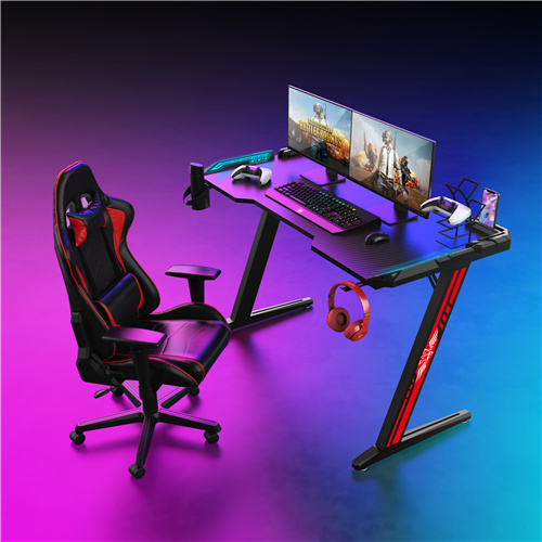 Black Z-Shaped 55 inch Remote Control RGB LED Light Gaming Desk With Armour black