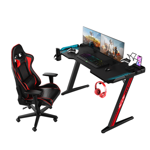 Black Z-Shaped 55 inch Remote Control RGB LED Light Gaming Desk With Armour red