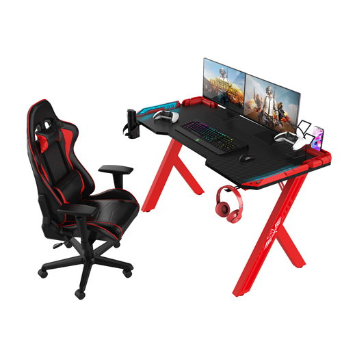Roter R-förmiger 31,5 Zoll RGB-LED-Licht-Gaming-Schreibtisch mit Fernbedienung und roter Rüstung