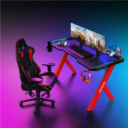 Red R-Shaped 39 inch Remote Control RGB LED Light Gaming Desk With Armour black
