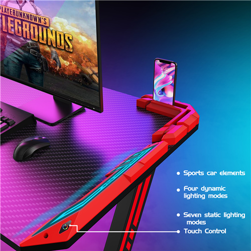 Red R-Shaped 55 inch Touch Control Running Board Desk Gaming Ronahî Bi Zirxên reş