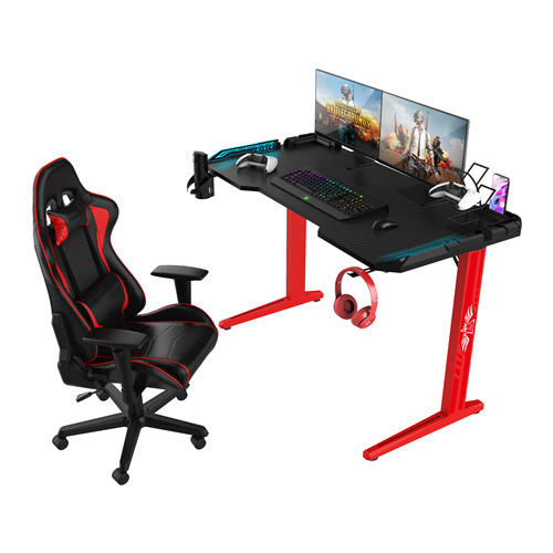 Red T-Shaped 31.5 anụ ọhịa Remote Control RGB LED Light Gaming Desk With black Armor