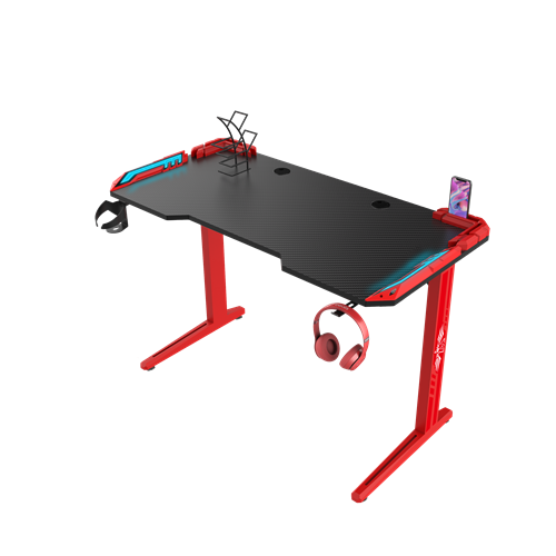Red T-Shaped 31.5 anụ ọhịa Remote Control RGB LED Light Gaming Desk With red Armor