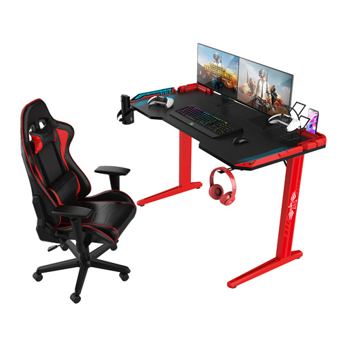 Red T-Shaped 47 anụ ọhịa Remote Control RGB LED Light Gaming Desk With red Armor