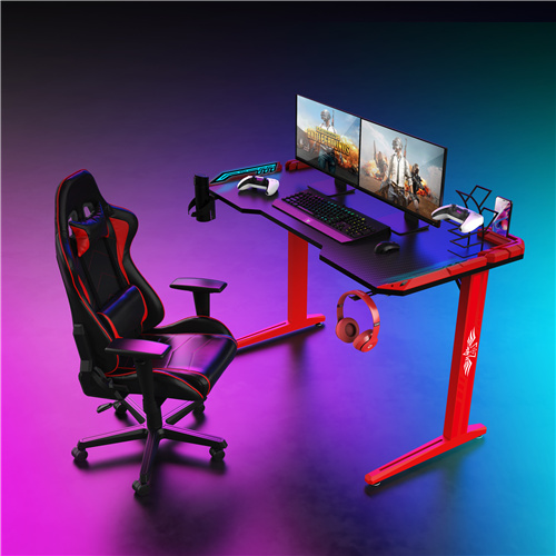 Red  T-Shaped 55 inch Touch Control Running Board Light Gaming Desk With red Armor