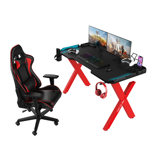Red X-Shaped 31.5 anụ ọhịa Remote Control RGB LED Light Gaming Desk With black Armor