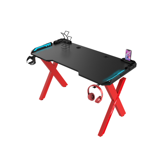 Red X-Shaped 39 anụ ọhịa Remote Control RGB LED Light Gaming Desk With black Armor