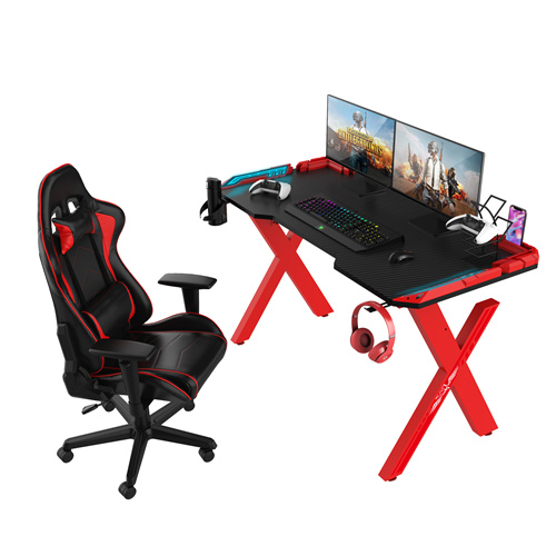 Red X-Shaped 39 anụ ọhịa Remote Control RGB LED Light Gaming Desk With red Armor