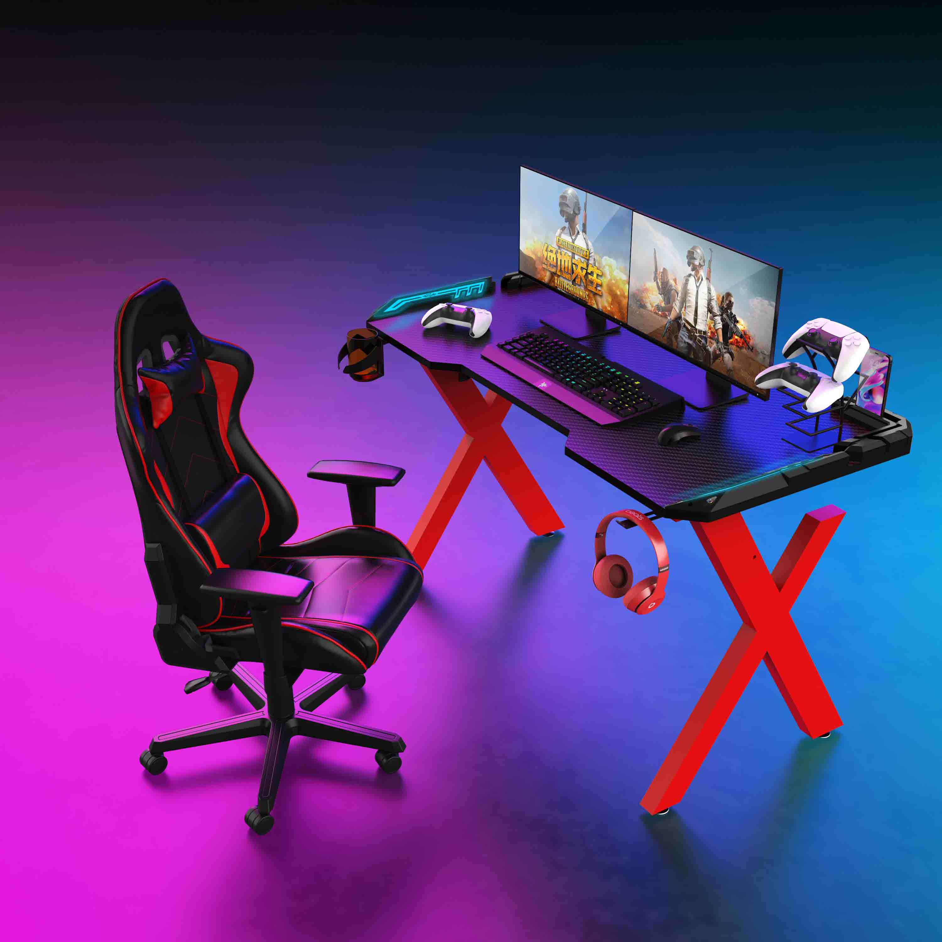 Red X-Shaped 55 inch Remote Control RGB LED Light Gaming Desk With Armour black