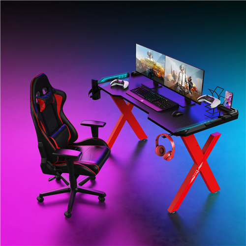 Roter X-förmiger 55-Zoll-Touch-Control-Trittbrettlicht-Gaming-Schreibtisch mit schwarzer Rüstung