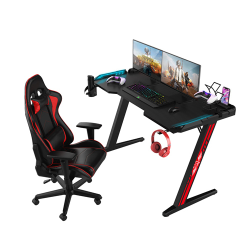 Red Z-Shaped 31.5 anụ ọhịa Remote Control RGB LED Light Gaming Desk With black Armor