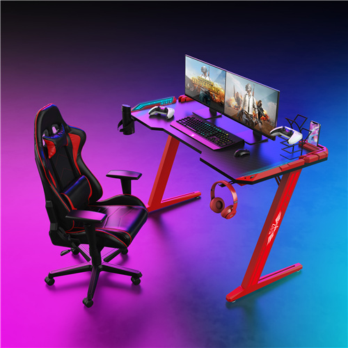 Red Z-Shaped 39 anụ ọhịa Remote Control RGB LED Light Gaming Desk With red Armor